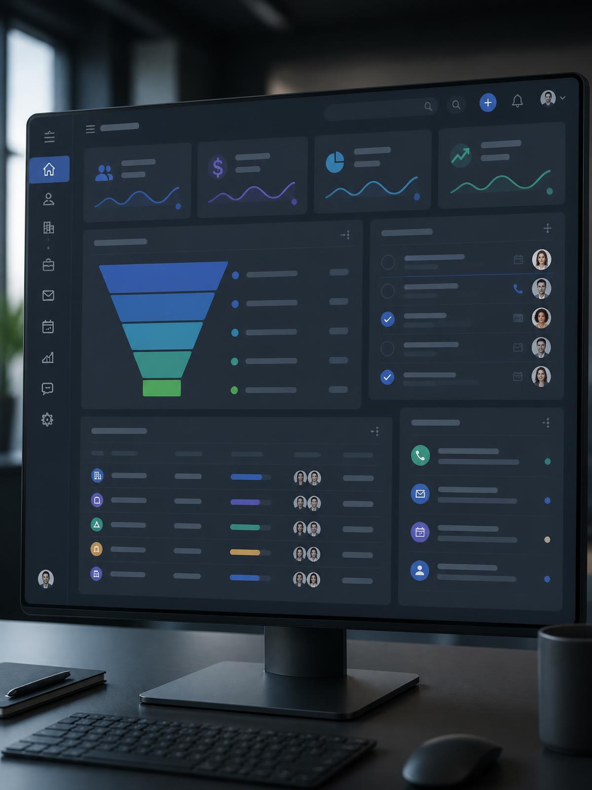 Dashboard de sistema web e CRM com clientes e indicadores